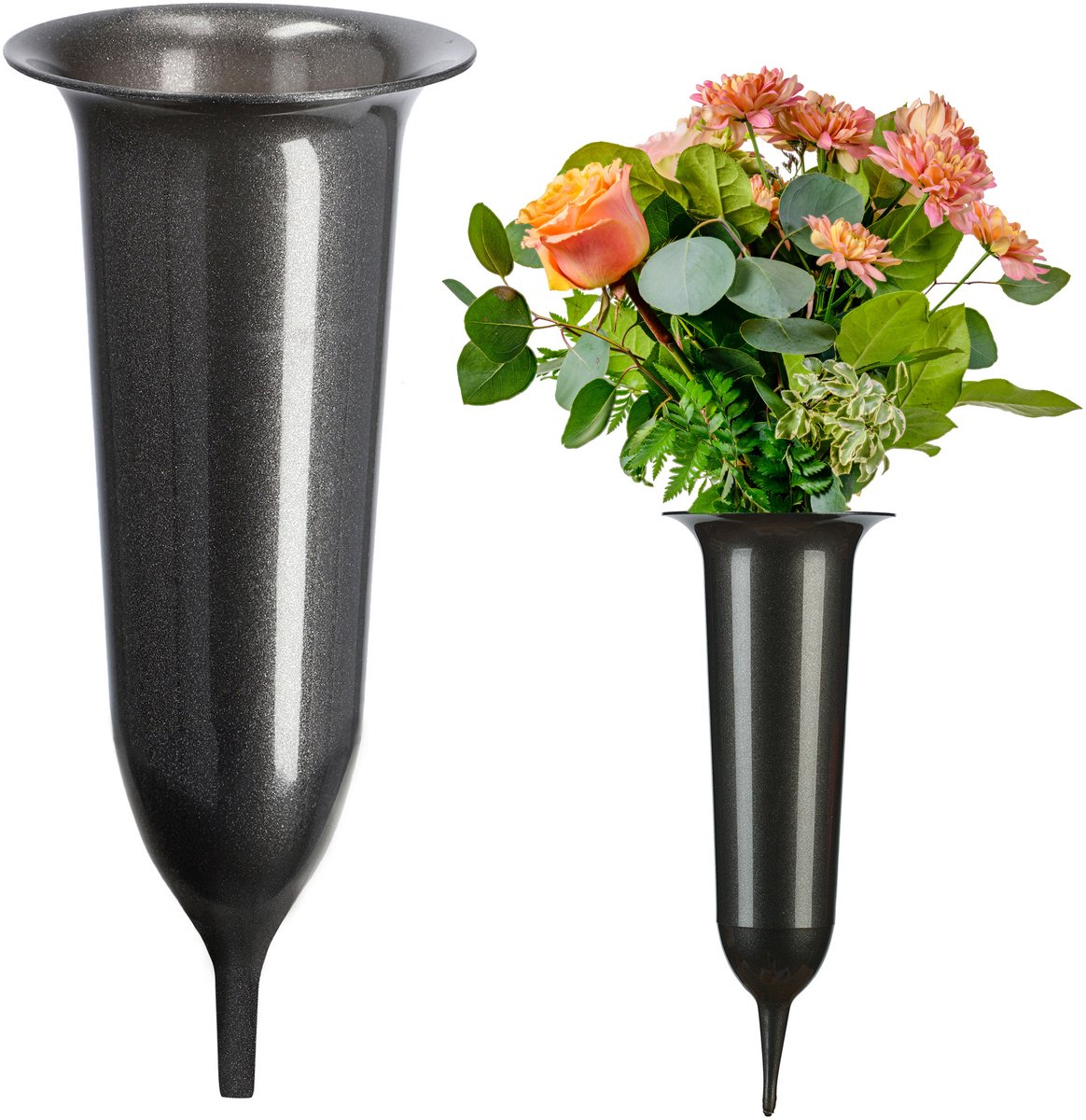 KADAX Grafvaas, vaas van kunststof, bloemenvaas, kunststof vaas voor bloemen, weerbestendige begraafplaats-vaas, vorstbestendige steekvaas voor graf, weerbestendige grafdecoratie (10 cm, met grondpen,