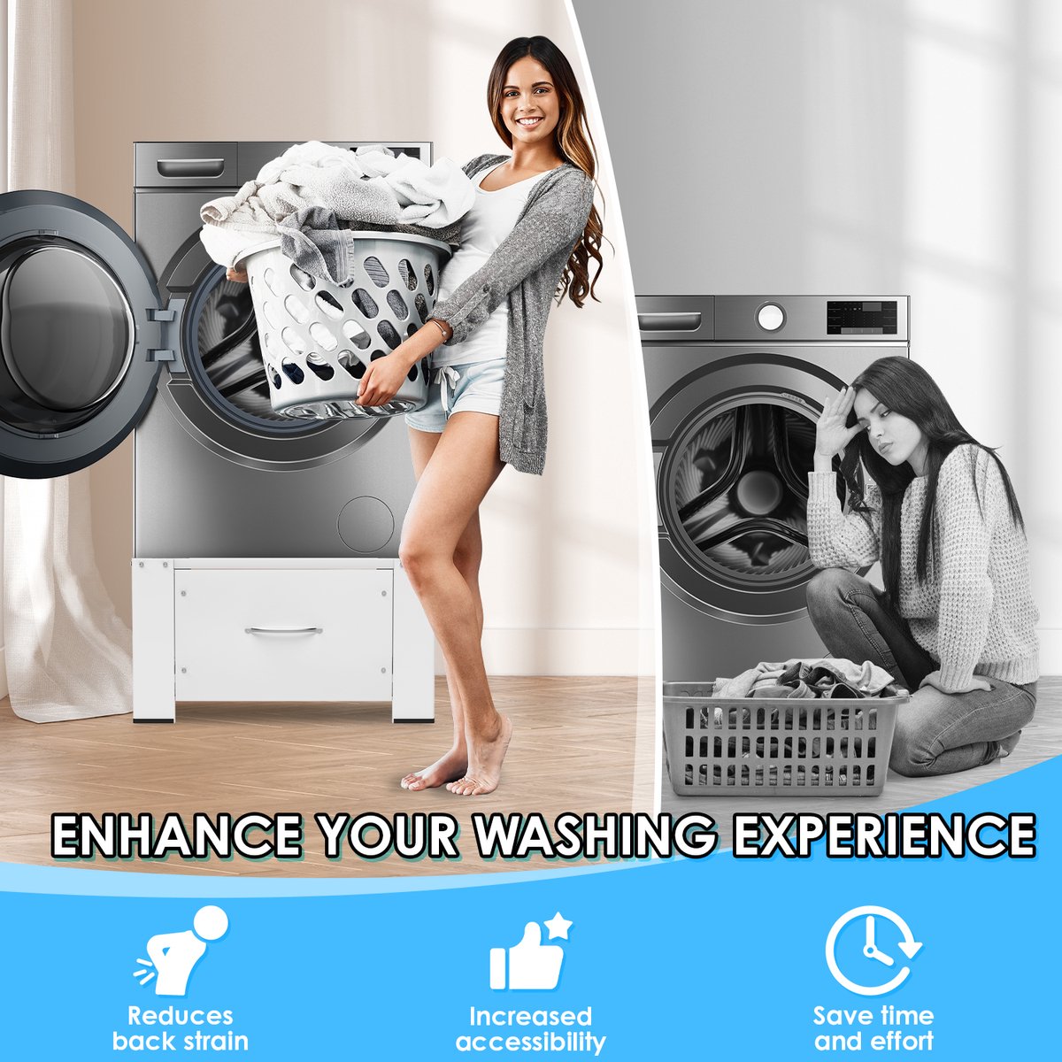 Wasmachine opbouwmeubel Wit - Wasmachine verhoger met lade - Wasmachine Sokkel - Wasmachine Kast - 62.5x54.5x32.5cm - Universeel — afbeelding 2