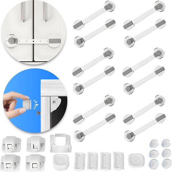 Serrures enfant LockPro pour armoires – Set de 23 pièces – Autocollantes et magnétiques – Sans Embouts – Sécurité tout-en-un pour armoires – Serrure enfant pour tiroirs, Portes et Armoires – Wit