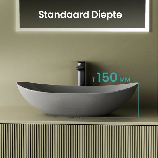 Grijze ovale opzetwastafel met een hoogte van 150 mm, met een matzwarte kraan.