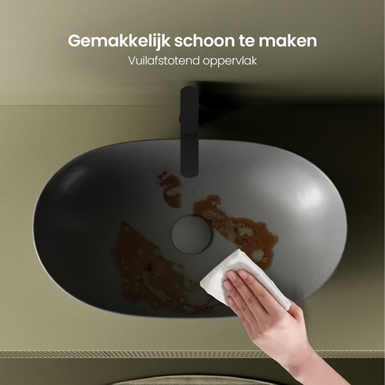 Grijze ovale wastafel met vlekken en een hand die schoonmaakt, 'Gemakkelijk schoon te maken' staat geschreven.