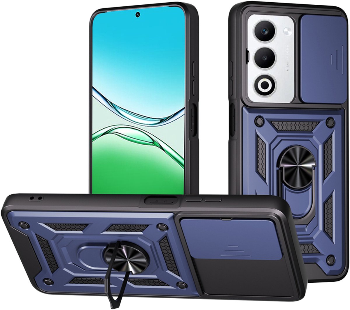 MobyDefend Hoesje - Geschikt voor Oppo A5 5G - Pantsercase Met Draaibare Ring - Blauw