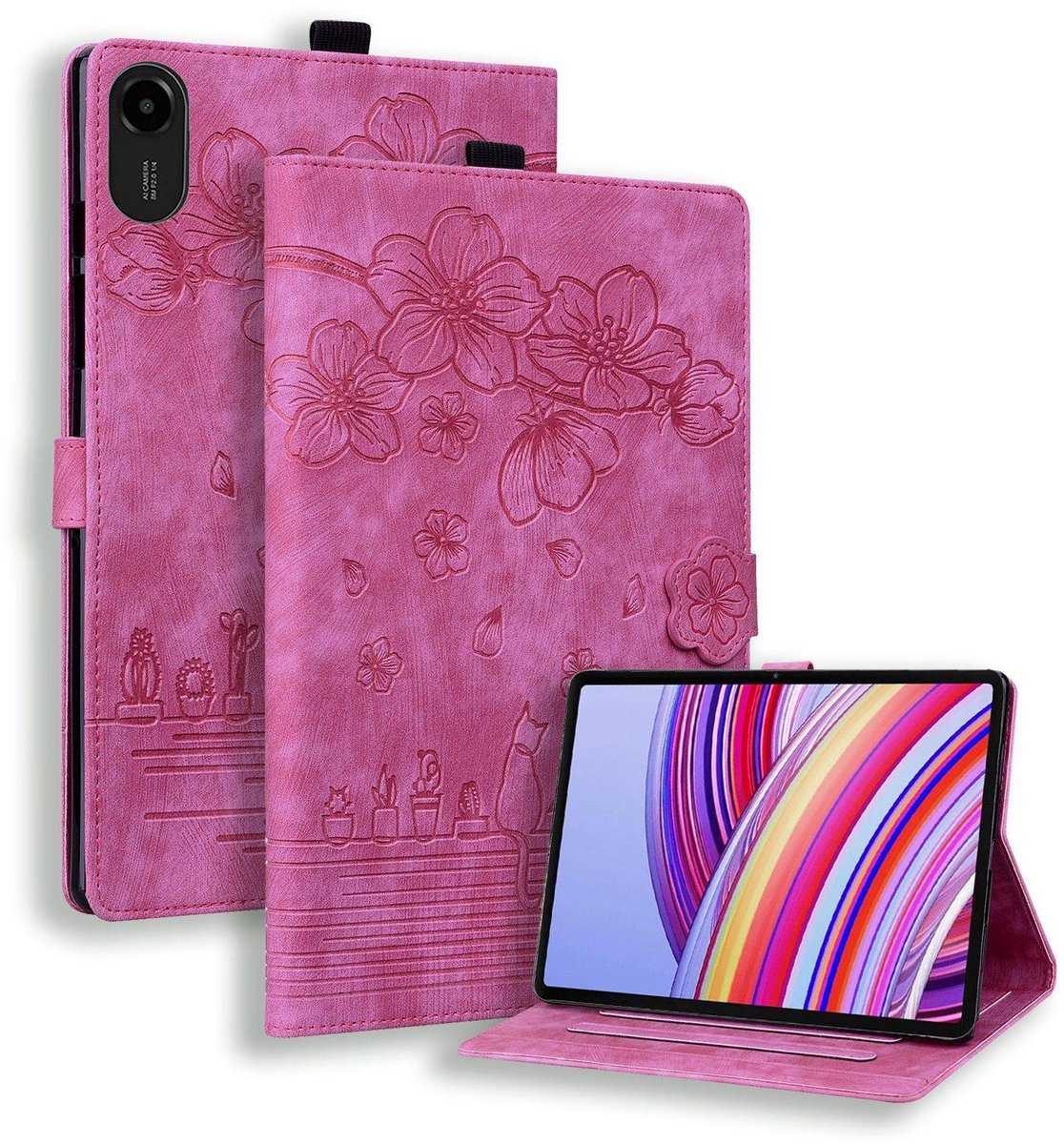 Bescherm-Etui Hoes Map geschikt voor Xiaomi Redmi Pad 2 - 11 - Bloemen en Kat - Roze
