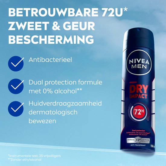 NIVEA MEN Dry Impact Anti-Transpirant Spray - 72 uur bescherming - Met mineralen en DryPlus - Alcoholvrij en antibacterieel - 6 x 150 ml - Voordeelverpakking