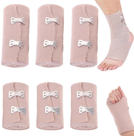 Foto: Elastische band 6 rollen elastische bandage in 2 maten elastische band met metalen clips elastische gaasbanden voor gewonde knie n en polsen kalmeren