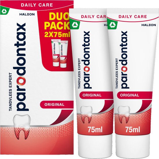 Twee tubes Parodontax Original tandpasta, 75ml elk. Witte tubes met rode accenten. Tandafbeelding onderaan.
