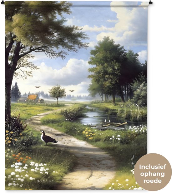 Wandkleed 150x200 cm - Wanddoek Zandpad - Groen landschap - Water - Wandtapijt - Wandkleden
