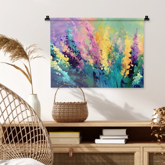 Wandkleed 60x45 cm - Wanddoek Dromerige - Langgerekte bloemen - Wandtapijt - Wandkleden