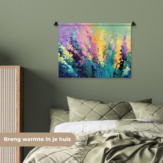 Wandkleed 60x45 cm - Wanddoek Dromerige - Langgerekte bloemen - Wandtapijt - Wandkleden