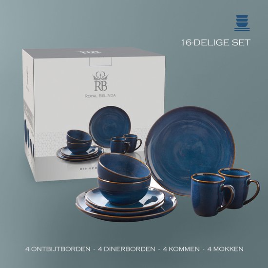 Royal Belinda Serviesset 4 persoons - 16-delig - Dinerbord, Ontbijtbord, Kom en Mok - Bordenset - Serviesset - Keramiek - Blauw — afbeelding 5