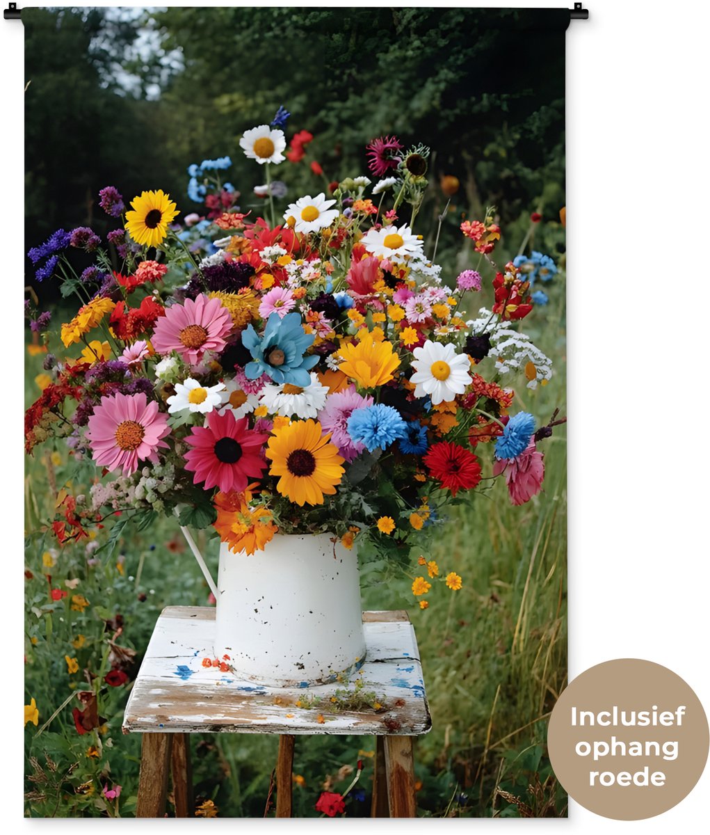 Wandkleed 120x180 cm - Wanddoek Bloemen - Krukje - Gieter - Veld - Wandtapijt - Wandkleden