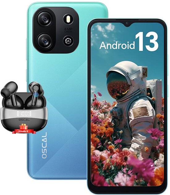 Oscal Flat 1C Smartphone - 4GB RAM 32GB ROM - Android 13 - 4700 mAh - Dual SIM 4G - GPS - Blauw met Bluetooth-headset Oscal Hibuds 6 Zwart