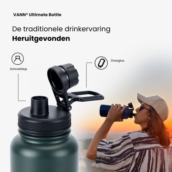 VANN® 3-Wandige RVS Drinkfles 650 ML met rietje voor volwassenen – Met 5 accessoires – Thermosfles – 24 uur koud/12 uur warm – Satin Noir – VANN Ultimate Bottle®