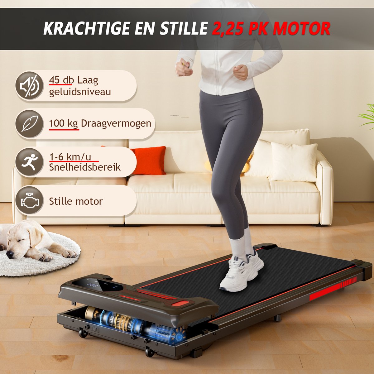 Afbeelding 2 van Y-RAIN Elektrische Loopband, 2-IN-1 Walking Pad voor thuis en op kantoor, Wandelband, 2,25PK Motor, 1-6km/u Snelheidsbereik, met Afstandsbediening, LED-Display.