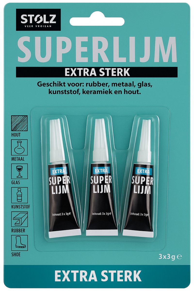 Stolz - Secondelijm - 3 stuks - Extra sterke superlijm voor rubber, metaal, glas, kunststof, keramiek en hout - 3 tubes á 3 gr.