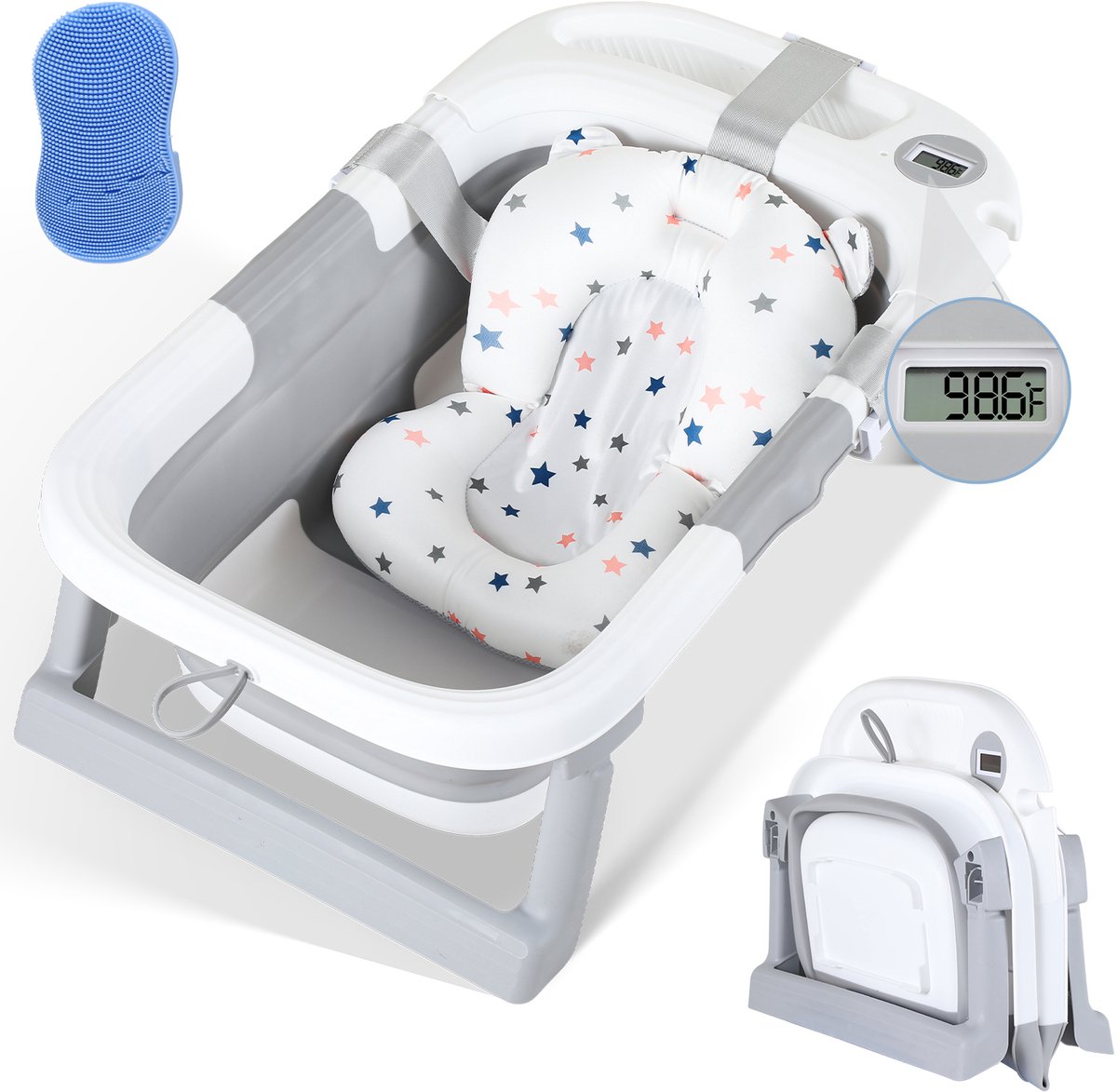 Opvouwbaar Baby Bad - Babybad met Digitale Thermometer - Antislip - Opvouwbaar bad - Incl Badkussen - Grijs