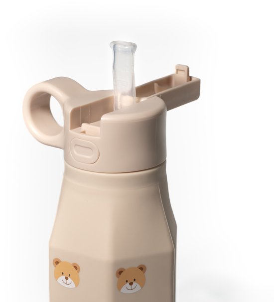 Mabebi - Drinkfles met kliksysteem 350 ml - Lekvrije drinkfles voor kinderen - Waterfles voor onderweg - Siliconen drinkfles met rietje - Schoolbeker - Beer Beige van Mabebi — afbeelding 2