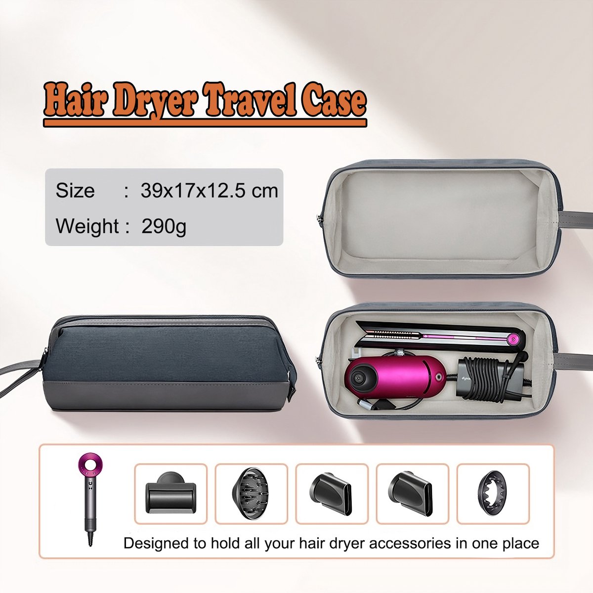 Rainbecom - Opbergtas voor Dyson Airwrap Haarstyler - 39x17x12.5 cm - Reisetui Supersonic - PU Leer & Fluweel - Waterdicht - Krasbestendig - Reistas voor Haarstylingtools – Donkergrijs - Föhn, Haardroger, Föhnborstel, Krultang & Stijltang thumbnail 3