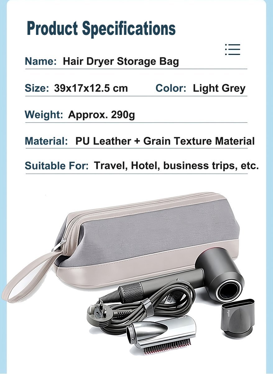 Rainbecom - Opbergtas voor Dyson Airwrap Haarstyler - 39x17x12.5 cm - Reisetui Supersonic - PU Leer & Fluweel - Waterdicht - Krasbestendig - Reistas voor Haarstylingtools – Lichtgrijs - Föhn, Haardroger, Föhnborstel, Krultang & Stijltang thumbnail 6