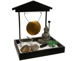 Atmosphera Boeddha zen tuintje met gong - zwart - 15 x 16 cm