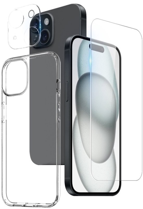 Protecteur d'écran en verre OneOne , étui de protection antichoc et protecteur d'objectif d'appareil photo. Coque arrière avec pare-chocs d'air et film de protection d'écran en verre trempé. convient à Apple iPhone 15