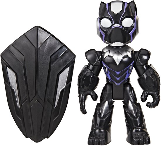 Zwarte Black Panther actiefiguur met paars accent en zwart schild.