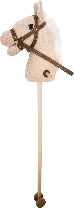 Off-white bouclé stokpaard met bruin hoofdstel, witte manen en wieltjes. Zijaanzicht.