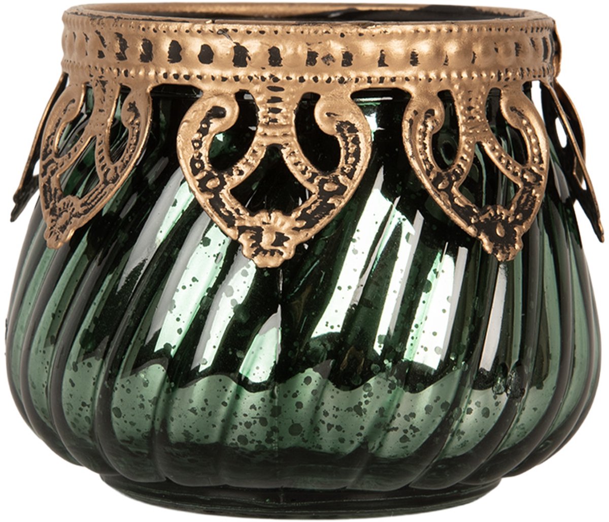 Clayre & Eef Waxinelichthouder Ø 8x7 cm Groen Glas