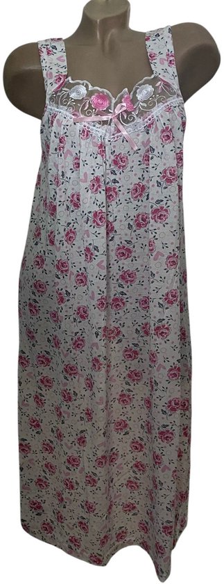 Chemise de nuit femme en coton sans manches à imprimé fleuri L blanc-rose