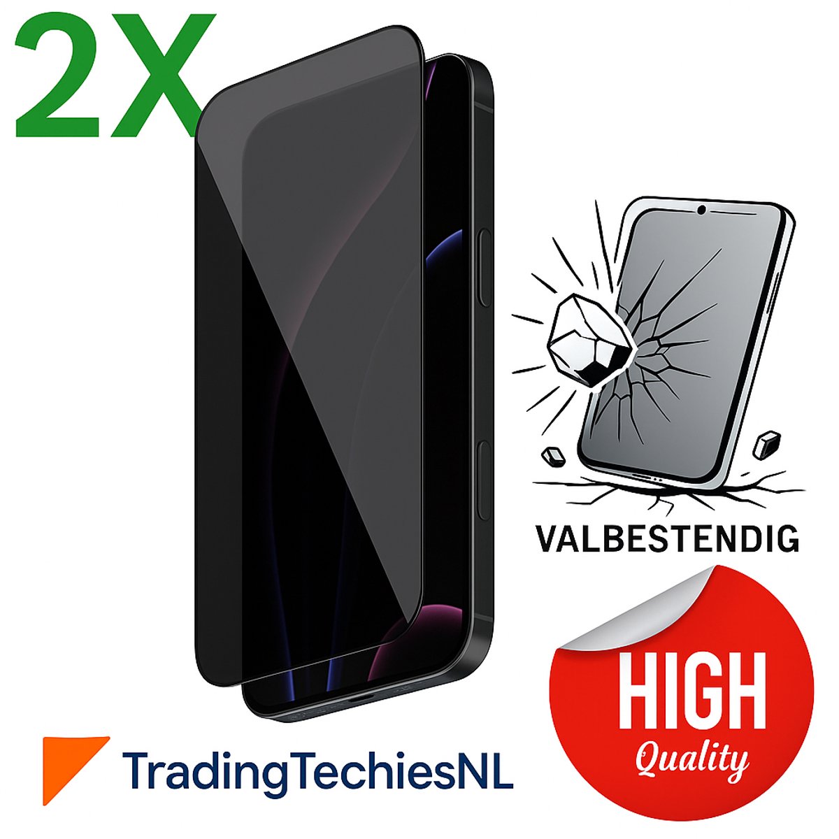 Privacy Screen Protector iPhone 16 Pro – 2 Stuks Duo Pack – Anti-Spy Beschermfolie, 9H Gehard Glas, Anti-Glare, Krasbestendig, Case-Friendly