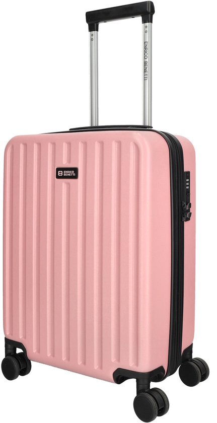 Roze koffer met verticale ribbels, uitschuifbare handgreep en TSA-slot.