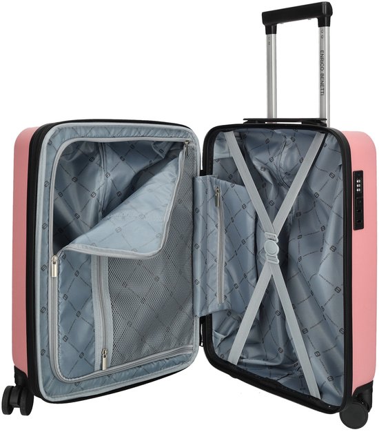 Open roze koffer met verticale ribbels, waarin een interieur met vakken en grijze voering.
