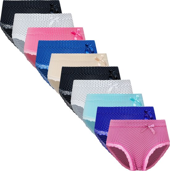 Lot de 10 Culottes femme avec dentelle aux jambes - Sous-vêtements - Taille haute - Pois - Taille XXL 9012