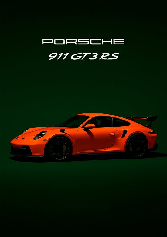 Porsche 911 GT3 RS Poster – 23 x 33 cm – Oranje Sportauto – Inclusief Zwarte Lijst