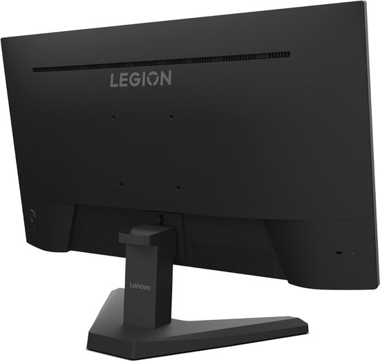 Schuine weergave van de achterkant van een zwarte Lenovo Legion monitor.