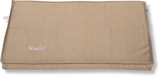 Bruin NapZZZ benchkussen met rits en logo.