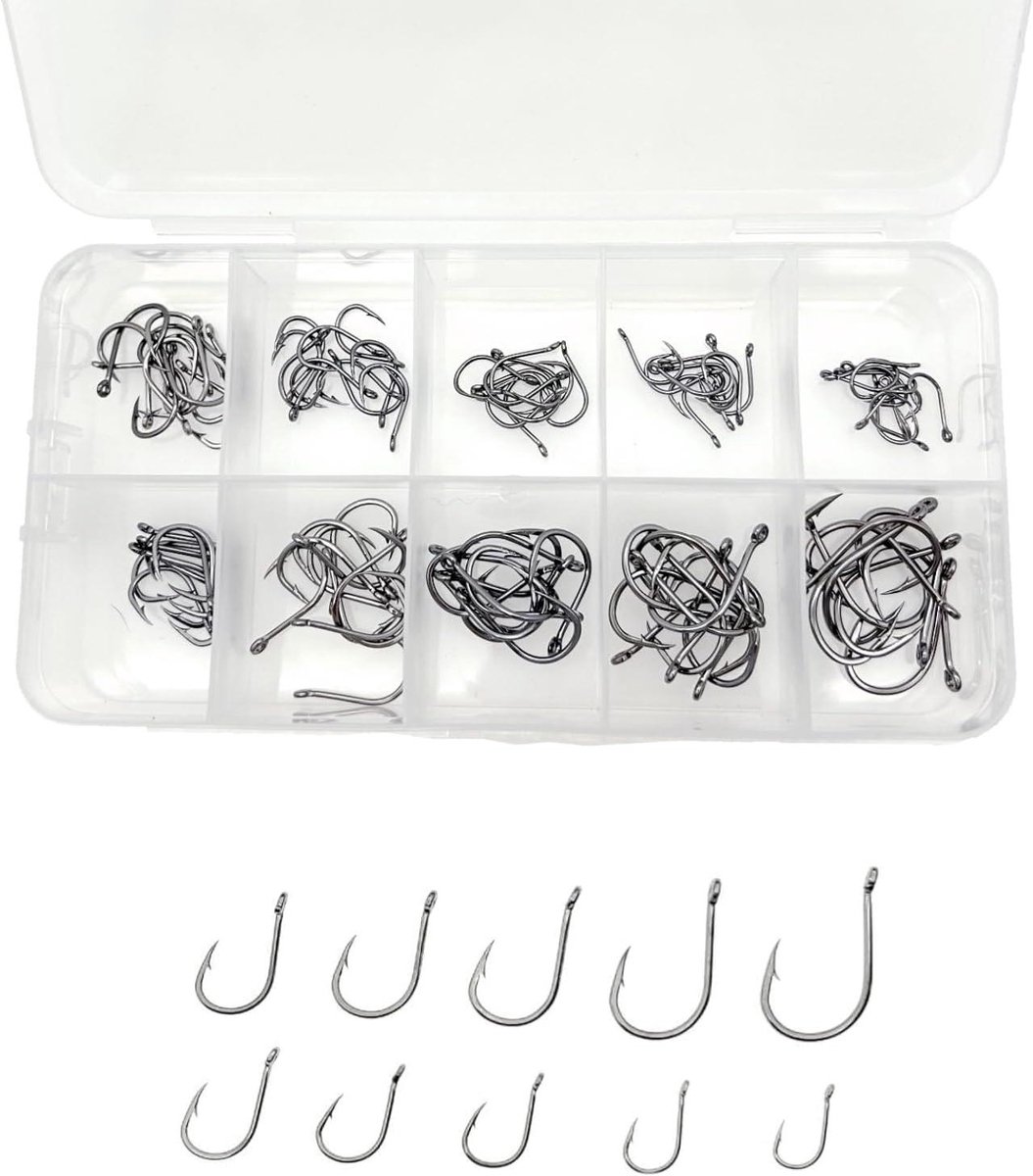 Allecto Plus - Koolstofstalen vishaken in diverse maten - 100 stuks, met weerhaak en ogen - cirkelvishaken in plastic doos