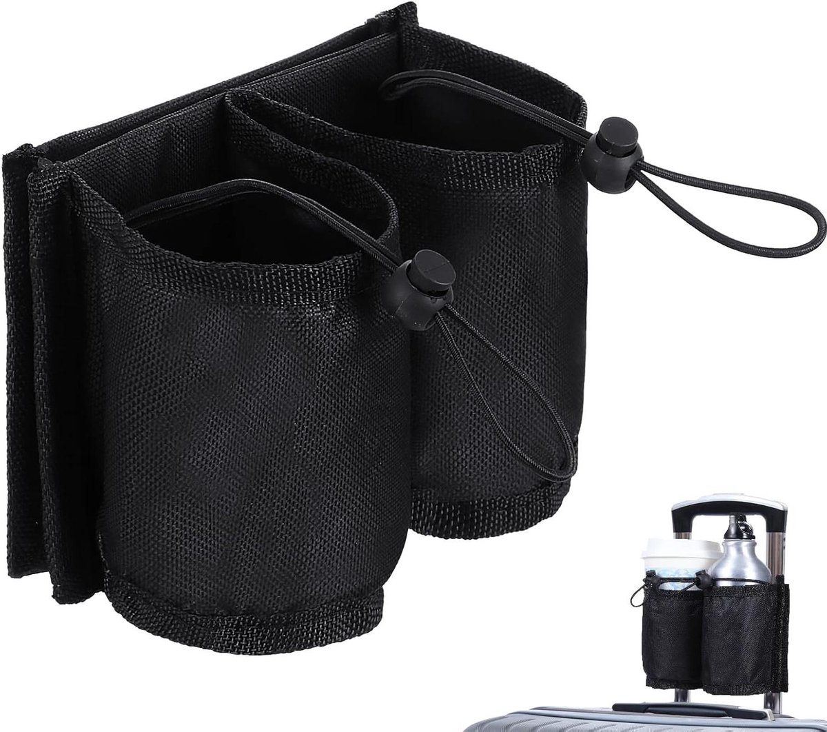 Allecto Plus - Bekerhouder voor bagage op reis - Handige bekerhouder voor koffer - Verstelbare trekkoordzakken - Reisaccessoires - Zwarte drankdragers - Reisgadgets voor koffieflessen en snacks - Medium formaat