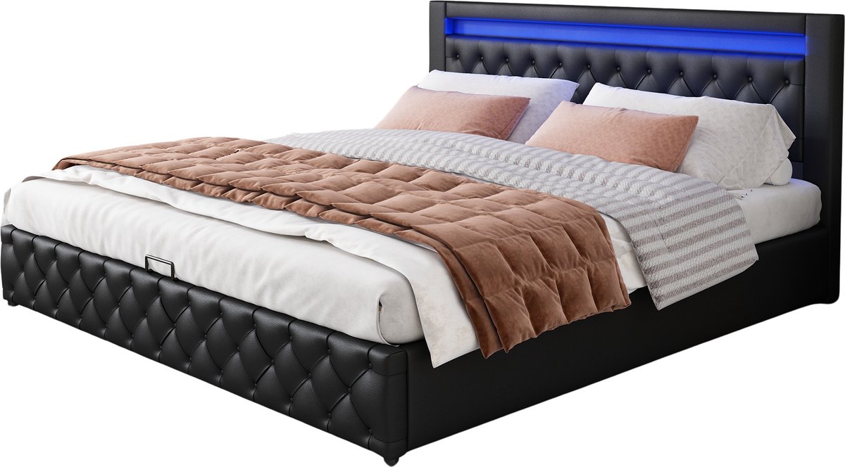 Merax Tweepersoonsbed 160x200cm met LED-Verlichting en Opbergruimte - Gestoffeerd Bed met Lattenbodem - Zwart Kunstleer