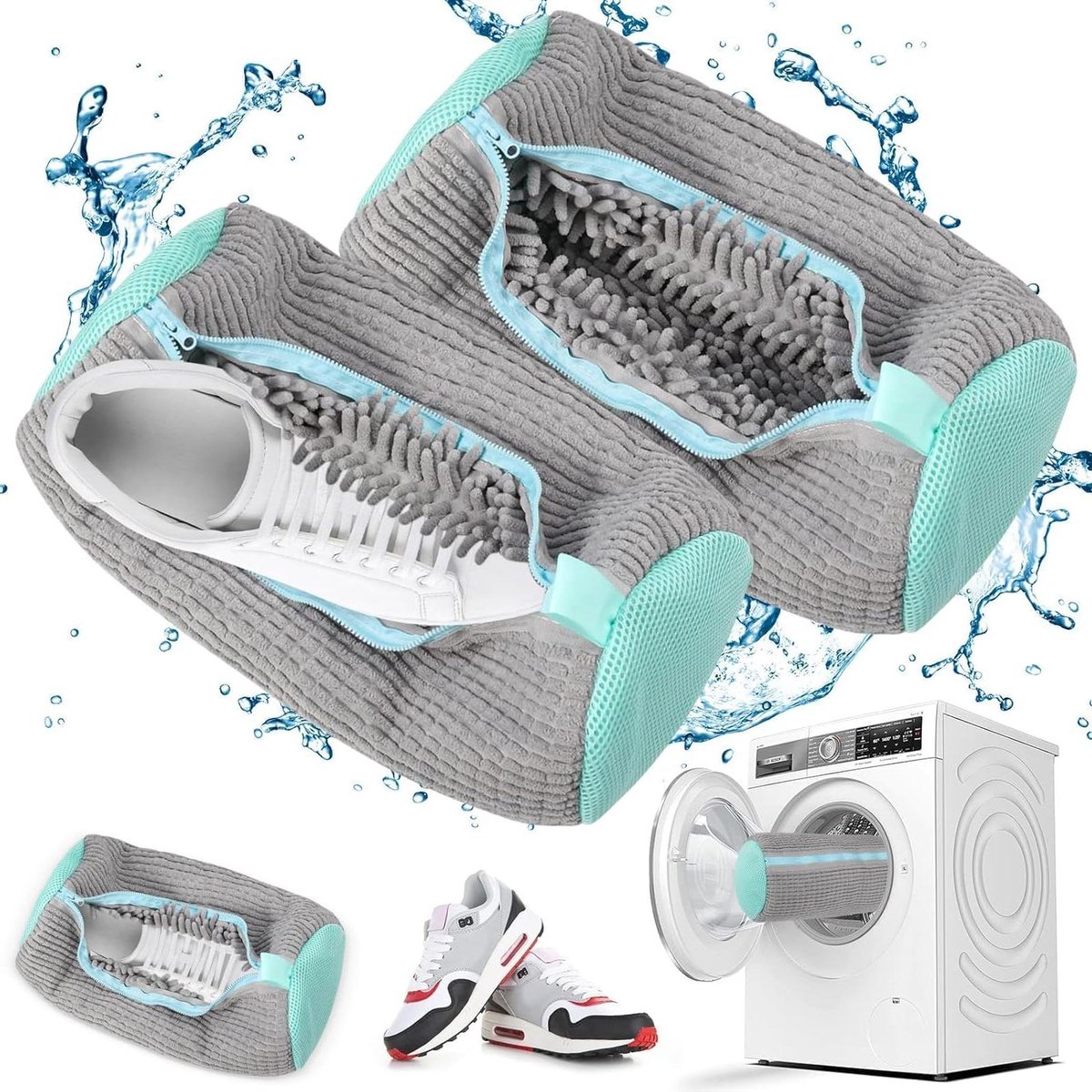 Allecto Plus - 2-pack wasnet voor schoenen - waszak voor in de wasmachine met ritssluiting - 360 graden reinigingspluisjes - verhoogde interne wrijving - grijsblauw