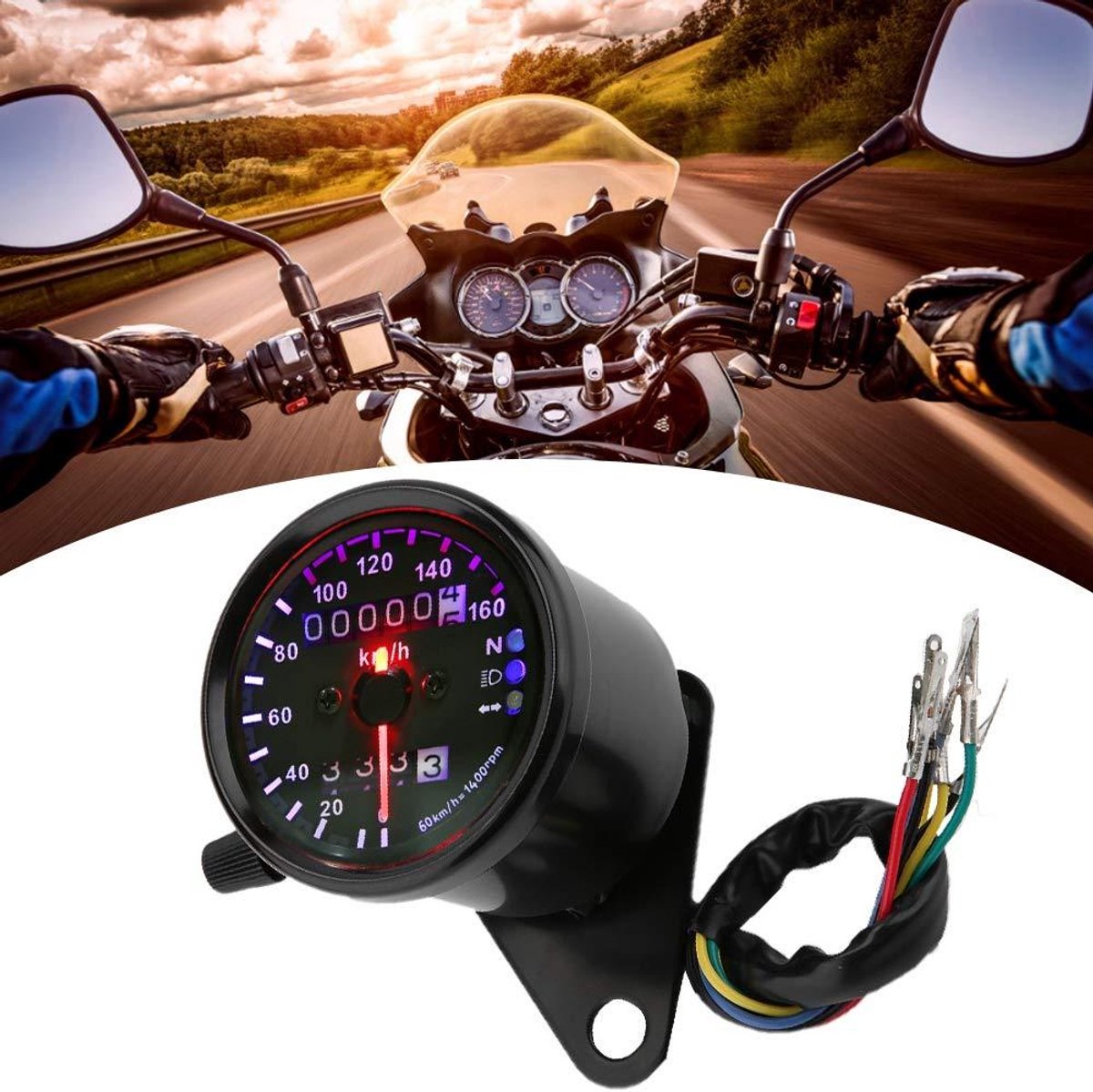 Allecto Plus - Universele Motorfiets Snelheidsmeter met Led-Achtergrondverlichting - Dubbele Kilometerteller met Signaal - Zwart - Voor Sportieve Ritten of Toertochten - Eenvoudig te Installeren