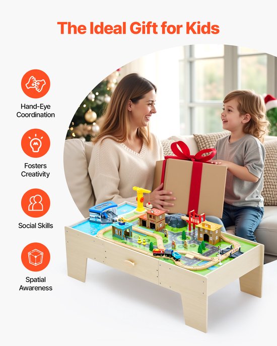Vind houten speeltafel met treinset op - april 2026