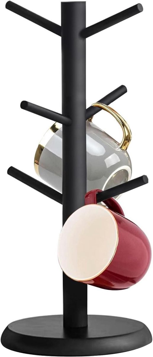 Inovra Plus - Houten bekerhouder met 6 haken voor koffiekopjes - Organiser voor keuken - Bekerstandaard en mokrek - Tafelbekerhouder - Zwart - Praktisch en stijlvol