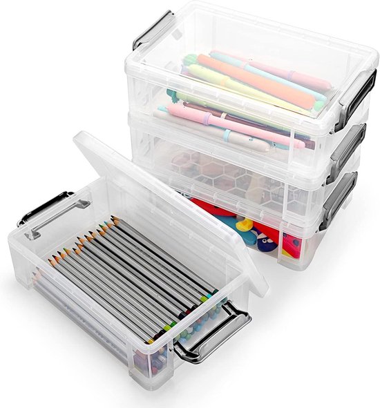 WANDGU Draagbare archiefdoos: set van 4 transparante A4-opbergdozen, multifunctionele stapelbare kantooropbergdozen voor documenten, verzamelalbums (30,5 x 22,3 x 2,2 cm