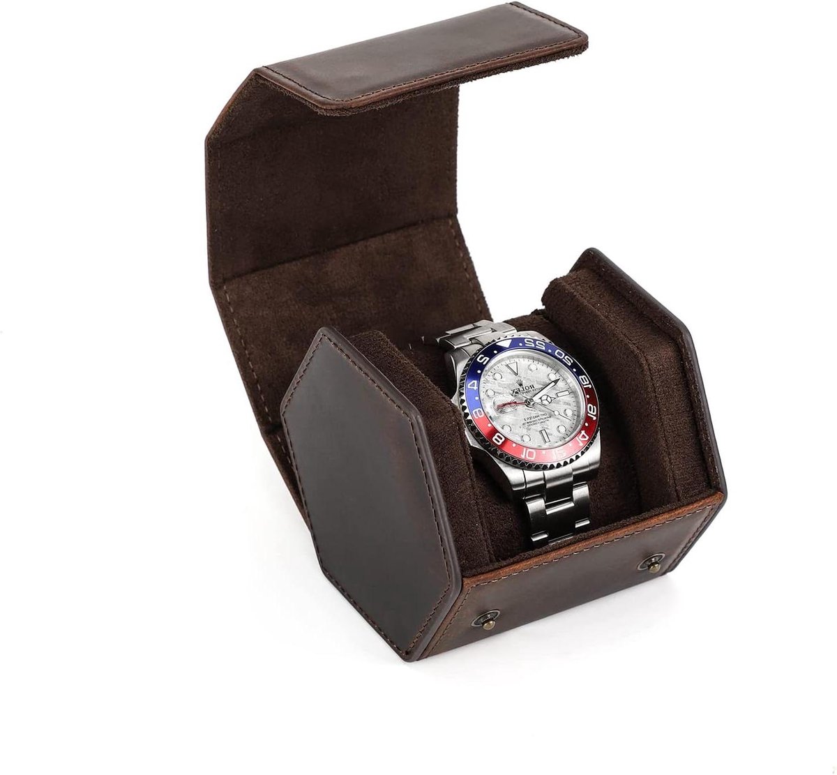 Allecto Plus - Echt leren horlogedoos voor op reis - Zeshoekig - 1 horlogehouder - Horlogebox - Beschermende opbergdoos - Organizer - Luxe horloge opbergdoos - Reisaccessoire - Duurzaam leer - Compact formaat