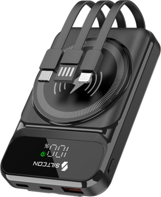Siltcon® 7-in-1 Draadloze Powerbank 10000 mAh - Magsafe Powerbank 15W Geschikt - Draadloze Oplader Iphone Geschikt - 22.5W Snelladen - LED-Display - USB-C - IPhone 12/13/14/15/16 Geschikt - 3 Geïntegreerde Kabels - Extra Compact - Zwart