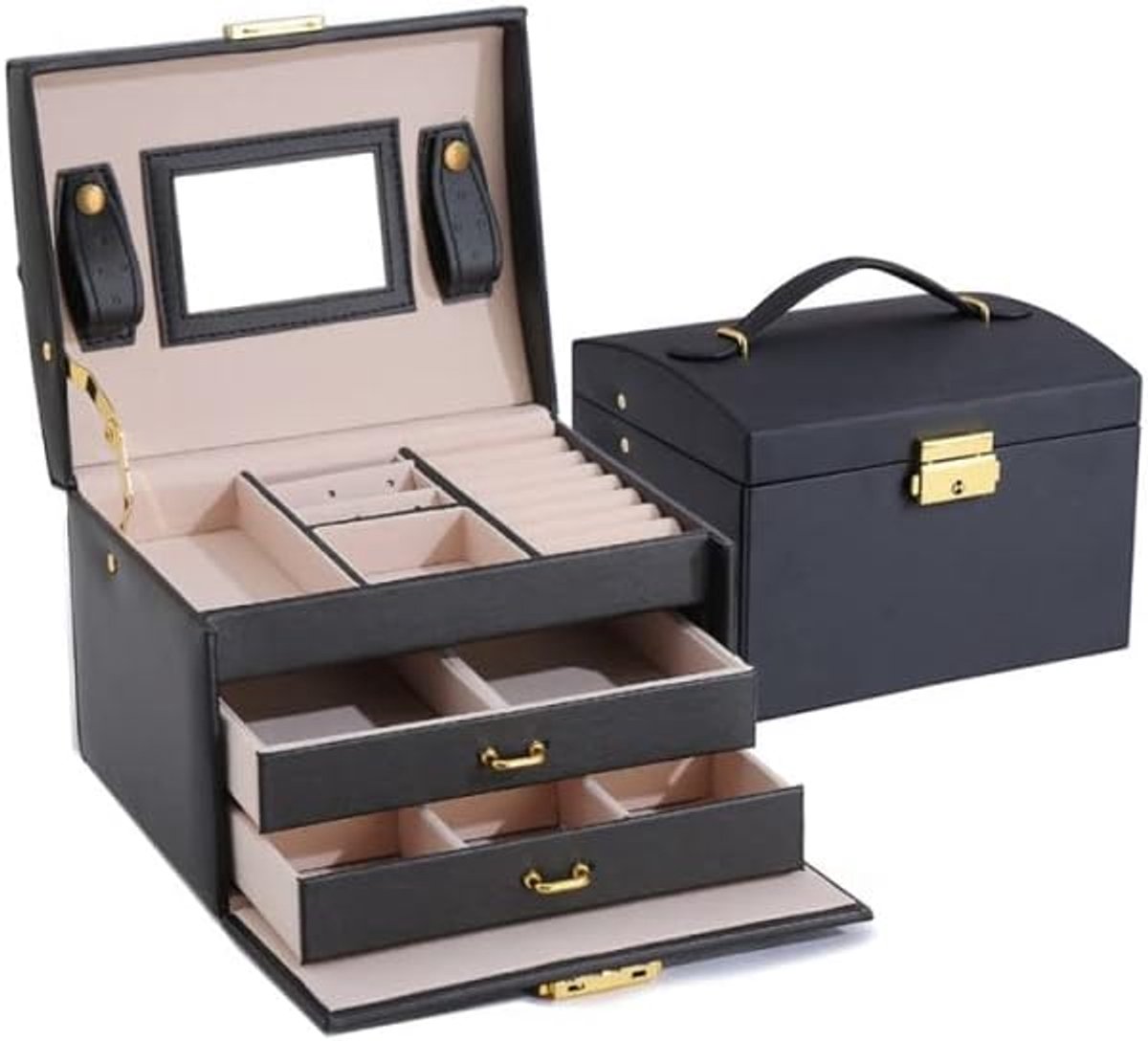 Luxe Sieradendoos met Spiegel, Slot & Handvat – Zwarte Juwelendoos voor Dames – Reis Opberger voor Ringen, Oorbellen, Kettingen & Horloges
