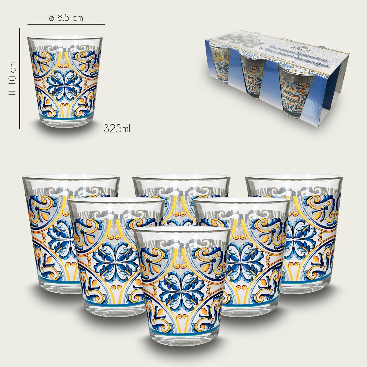 Arca Vietri - glazen drinkglazen 325ml, Set van 6 glazen - vrolijke decoratie - past bij het Limoni (Due) servies