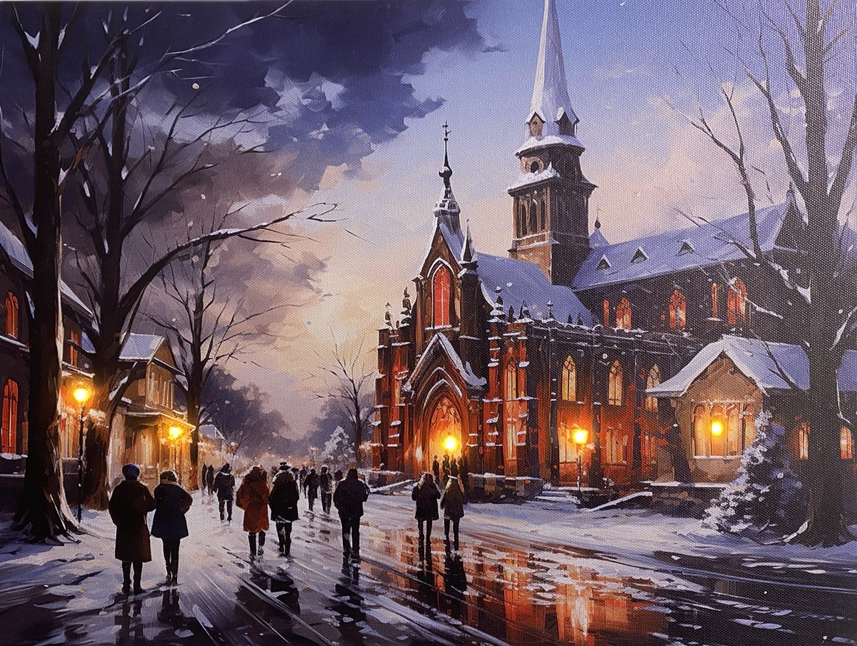 Schilderij met ledverlichting - 40 x 30 cm - Canvas op houten frame - Grote verlichte kerk - 5 x LED - Kersthuisjes en Kerstdorp met verlichting