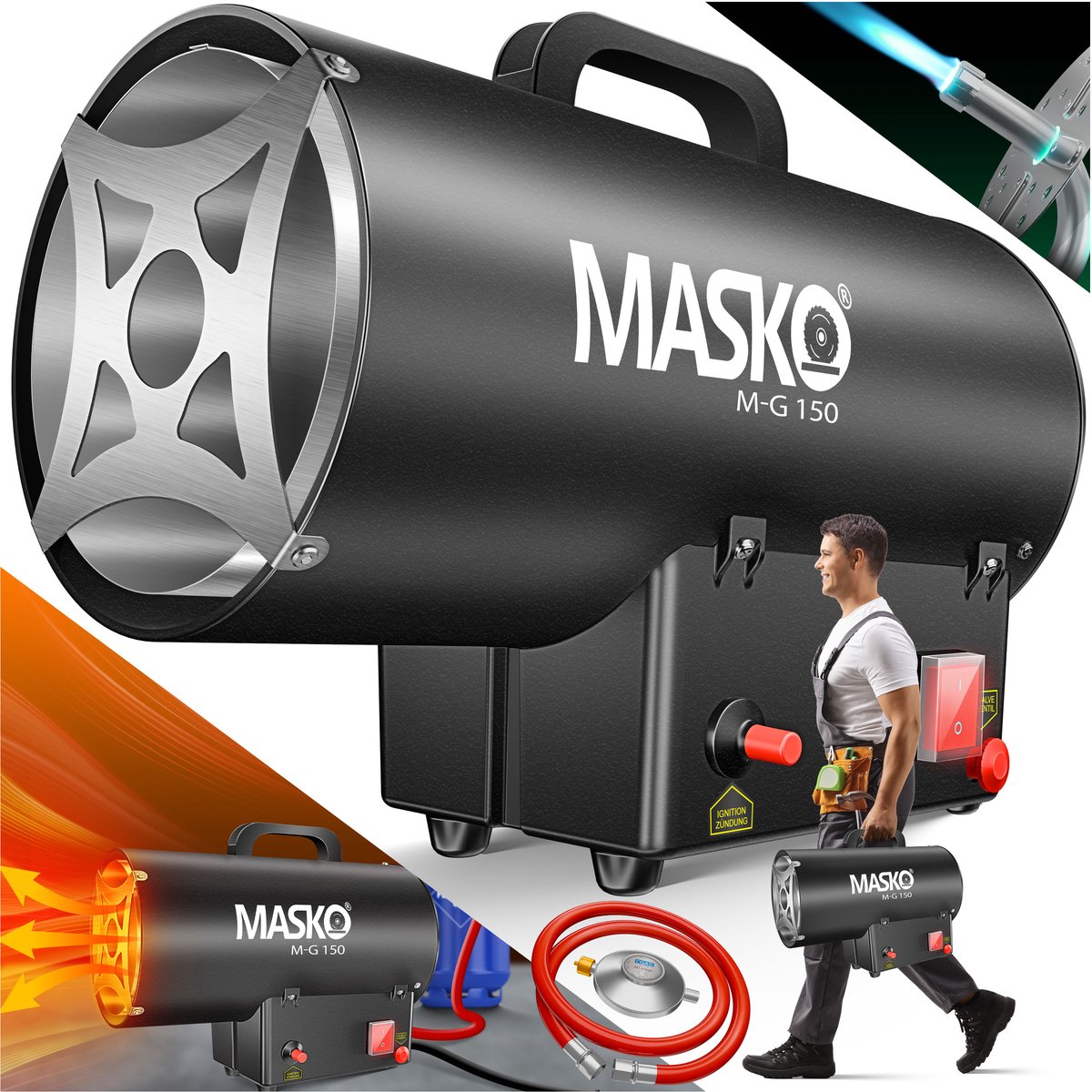 MASKO® Heteluchtkanon Gaskachel incl. Gasslang & Drukregelaar Warmtekanon Gas Verwarming - 15kW Zwart